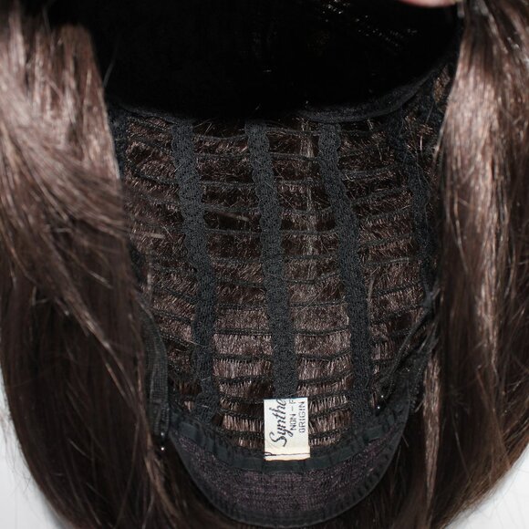 Synthetic Fiber Short Straight Brown W/Highlights Bob Wig With Bangs - Picture 9 of 11